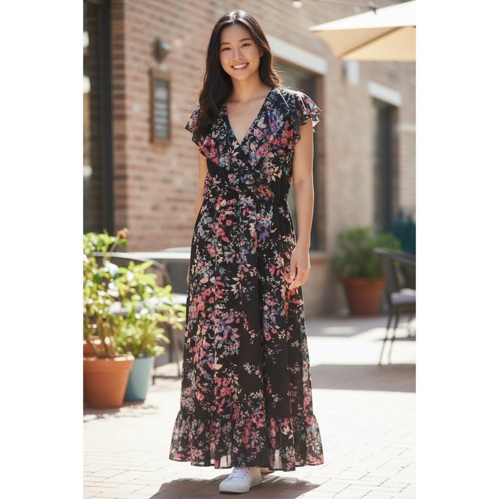 Apt‎ 9 Maxi Faux Wrap Dress Black Floral Fairy Whimsigoth Romantic 3x